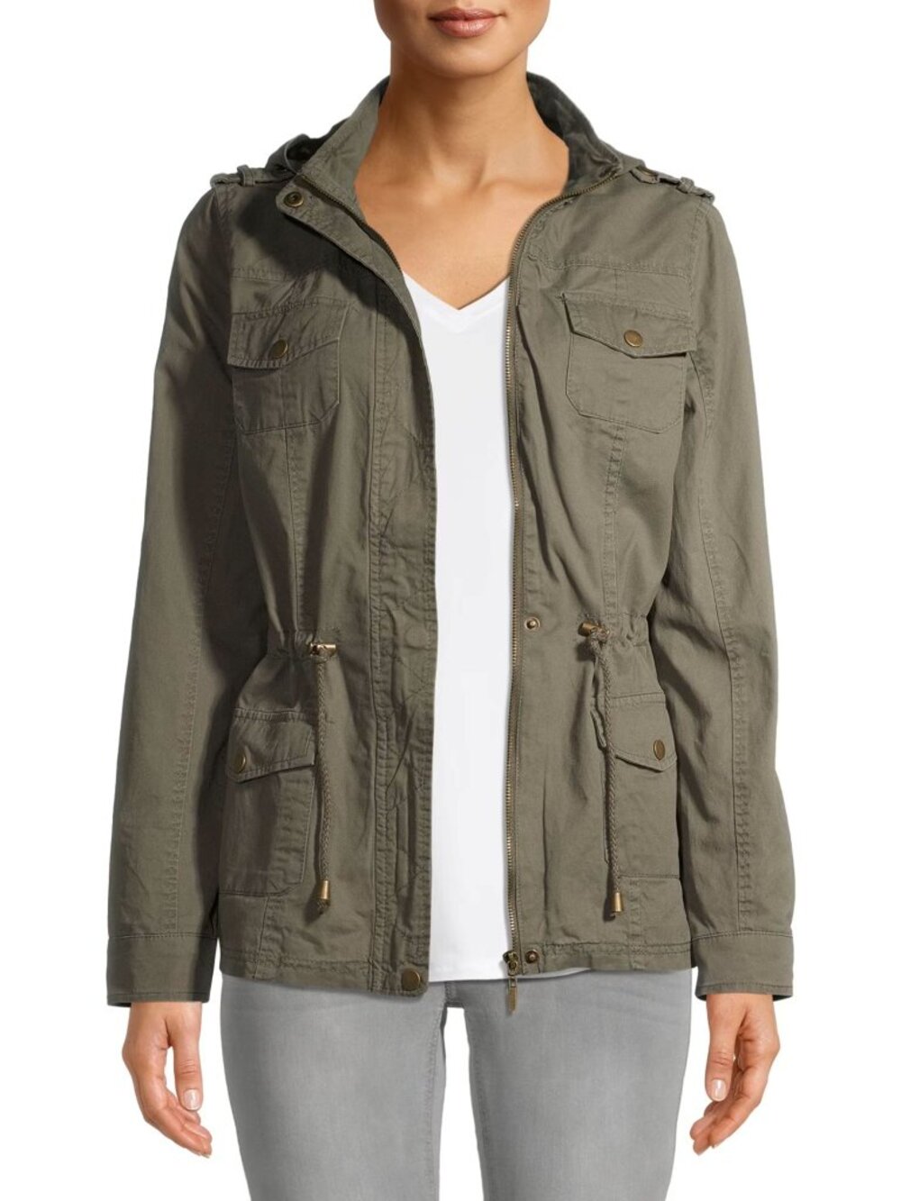 New Look Hooded Anorak Jacket Utility Green Drawstring Waist Medium